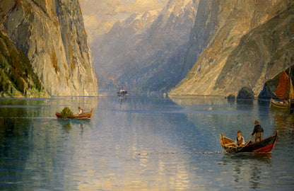 Oil painting Boat ride near the mountains European artist