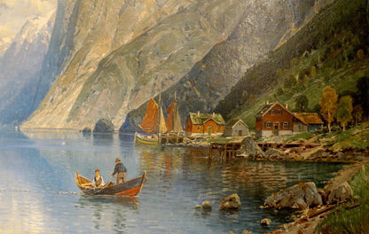 Oil painting Boat ride near the mountains European artist