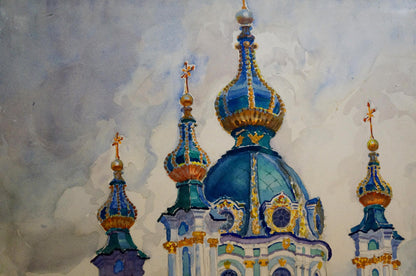 Watercolor painting Church landscape Yuri Ivanovich Khimich
