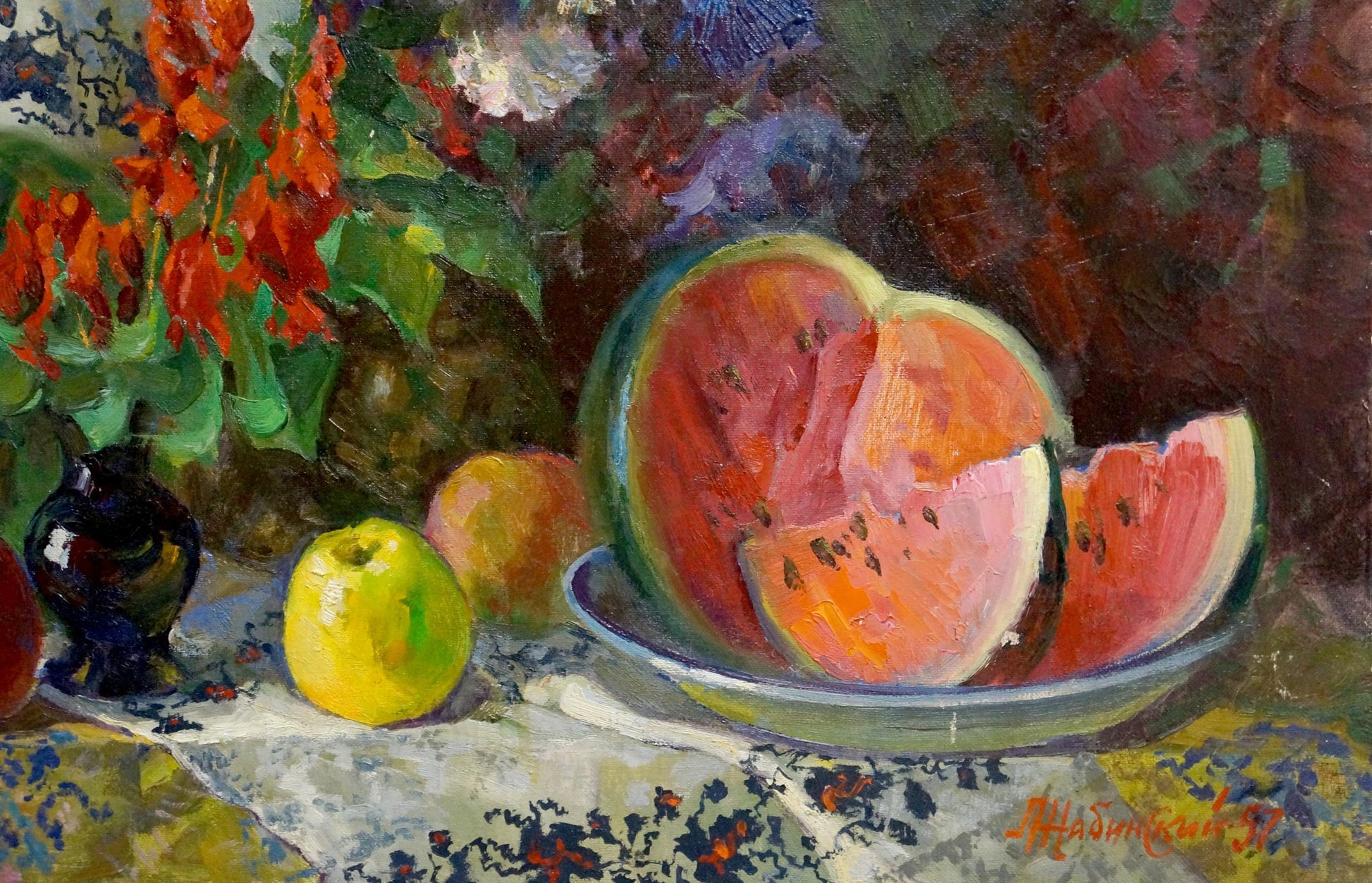 Oil composition Watermelon Still Life by Leonid Andreevich Zhabinsky