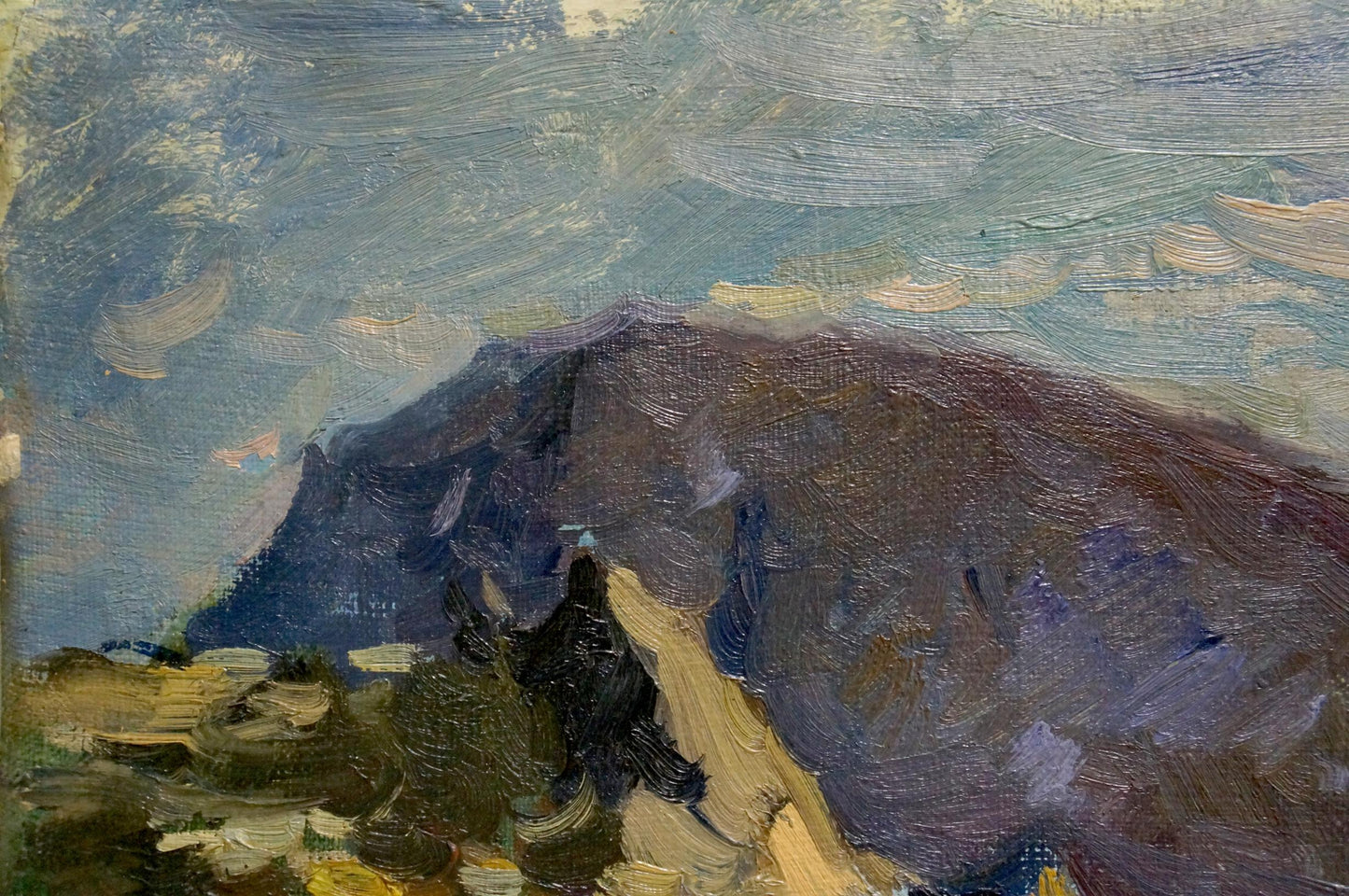 Oil painting of a landscape featuring sea and mountains by an unknown artist