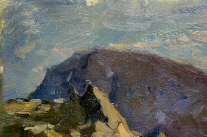 Oil painting of a landscape featuring sea and mountains by an unknown artist