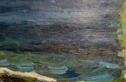 Unknown artist's portrayal of a landscape with sea and mountains in oil