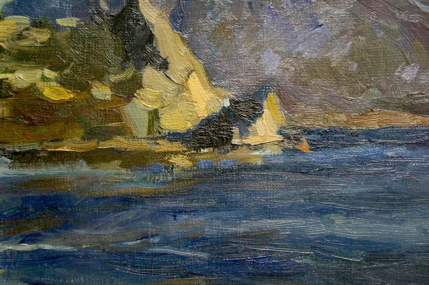 Oil painting showcasing a scene of sea and mountains, artist unidentified