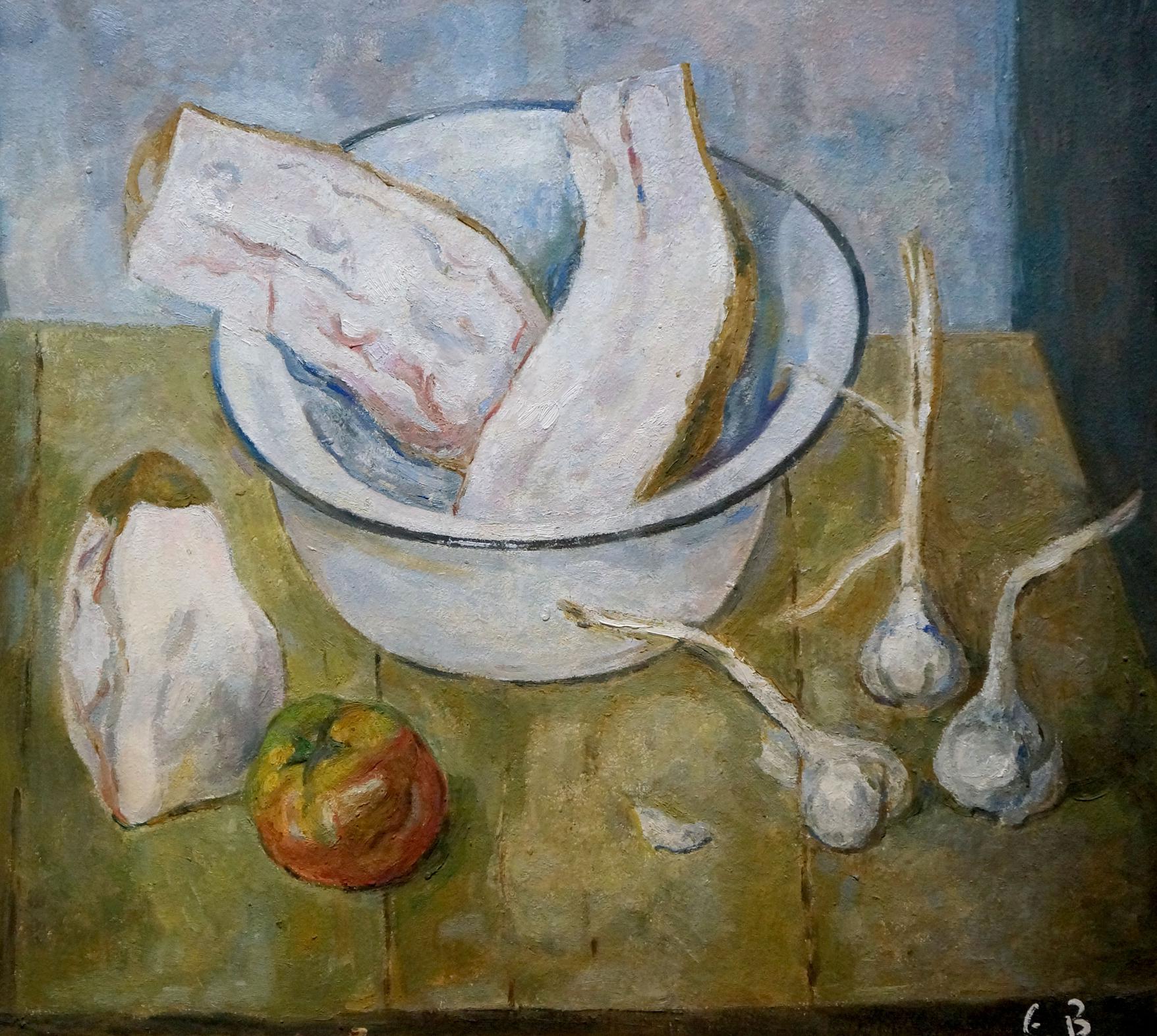 Oil painting Still life with lard and garlic Evgeny Volobuev