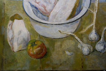 Oil painting Still life with lard and garlic Evgeny Volobuev