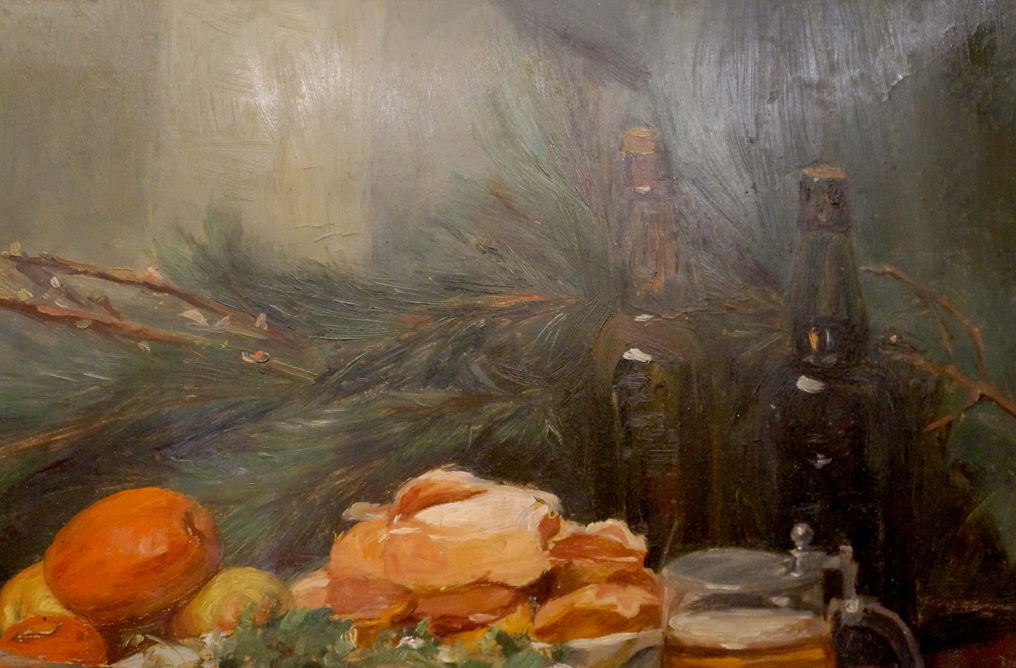 An oil painting by A. Michebou featuring food displayed on a table