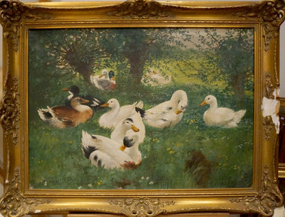 Oil painting Geese walk H. Graesel