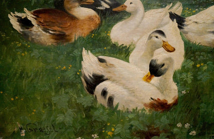 Oil painting Geese walk H. Graesel