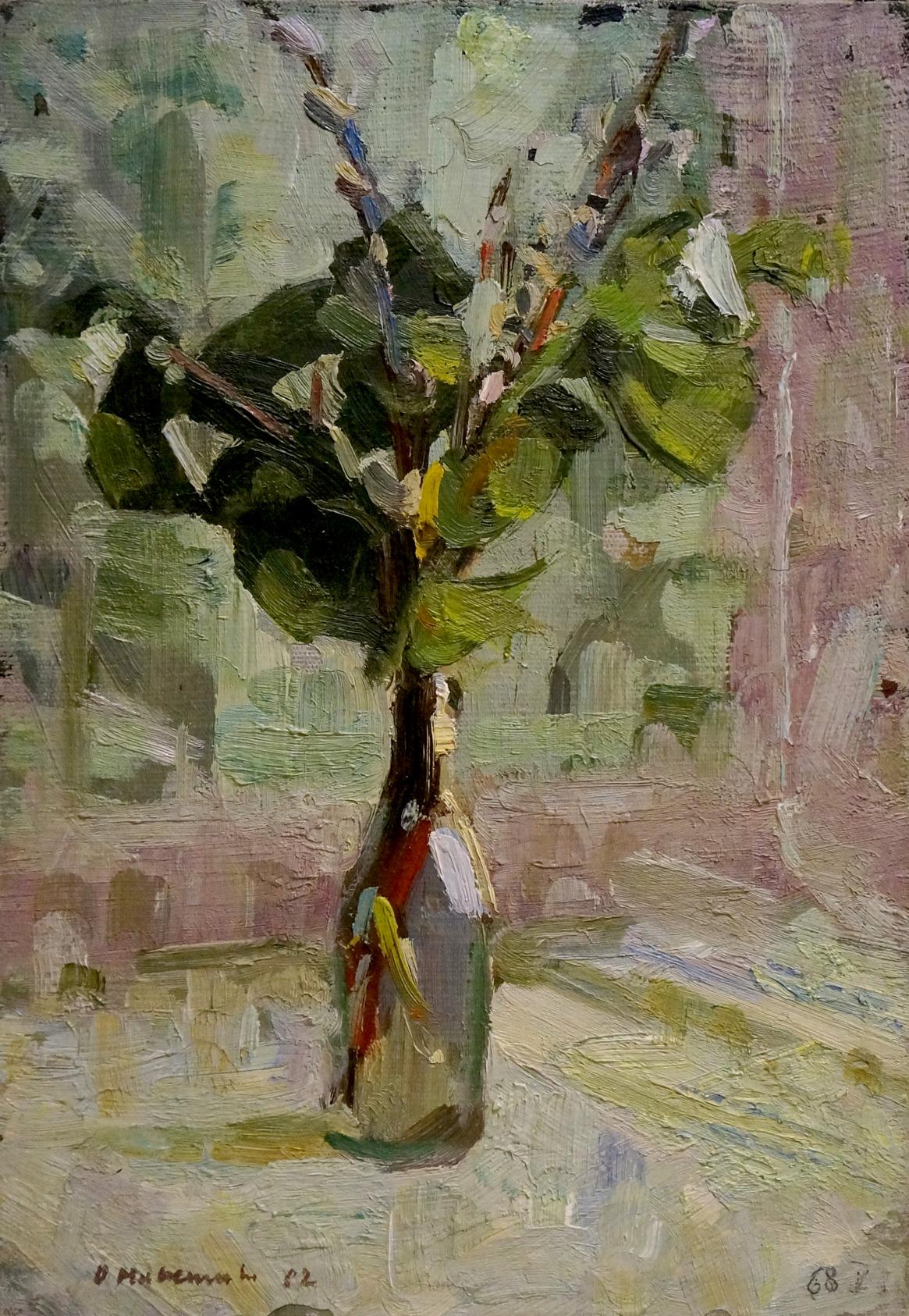 Oil painting Still life with branches in a bottle Unknown artist