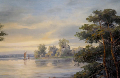 Oil painting A walk along the river on sailboats European artist