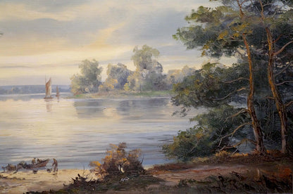 Oil painting A walk along the river on sailboats European artist