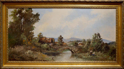 Oil painting Bridge to the village European artist