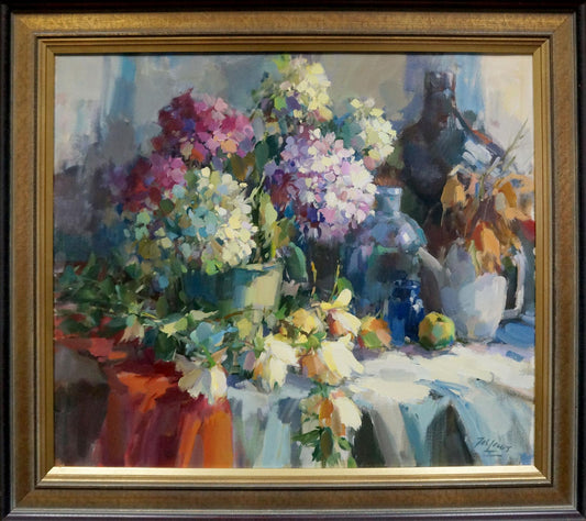 Oil painting Still life with flowers and drinks Unknown artist