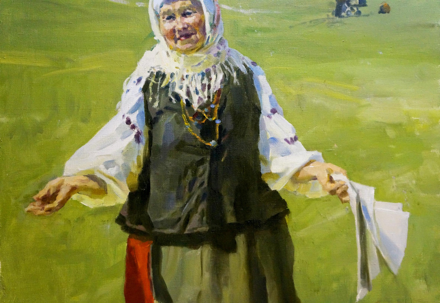 A heartfelt depiction of a grandmother in Arkady Vasilievich Soroka's oil painting
