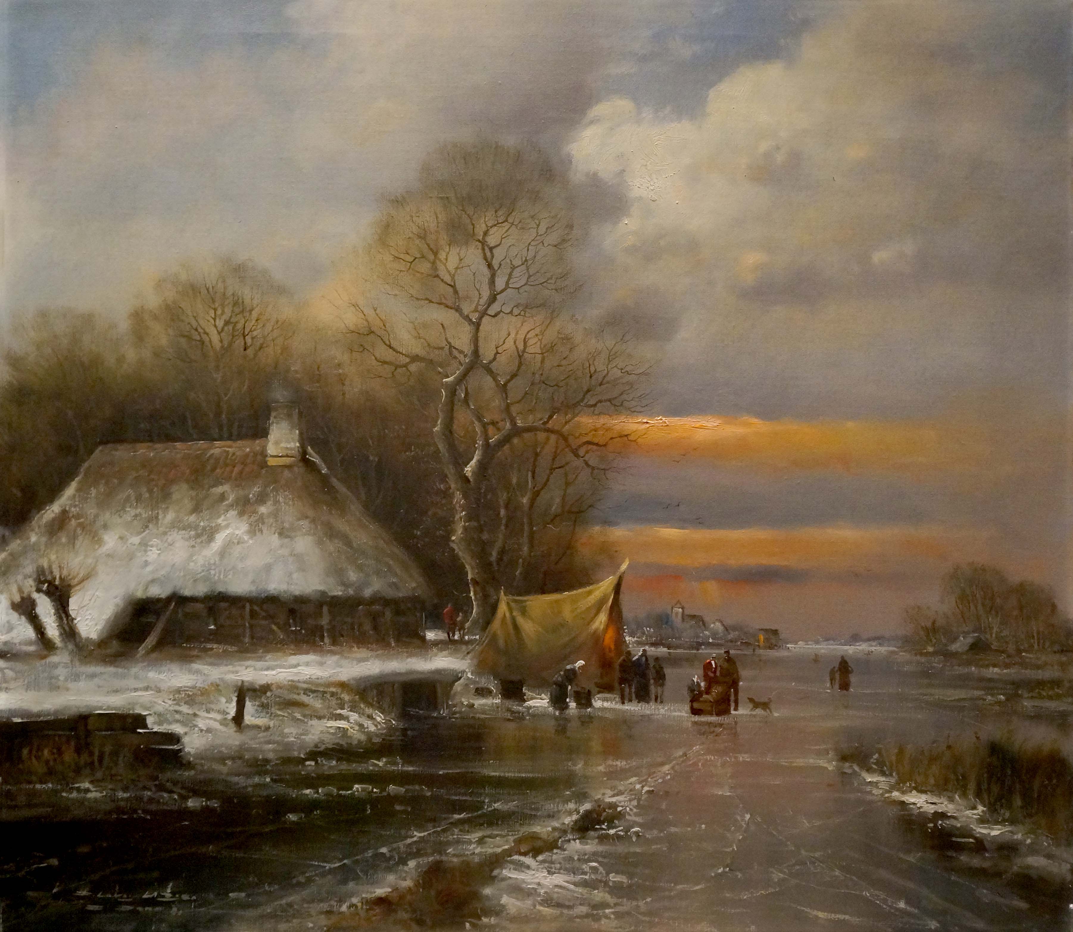 Oil painting Winter sunset landscape European artist