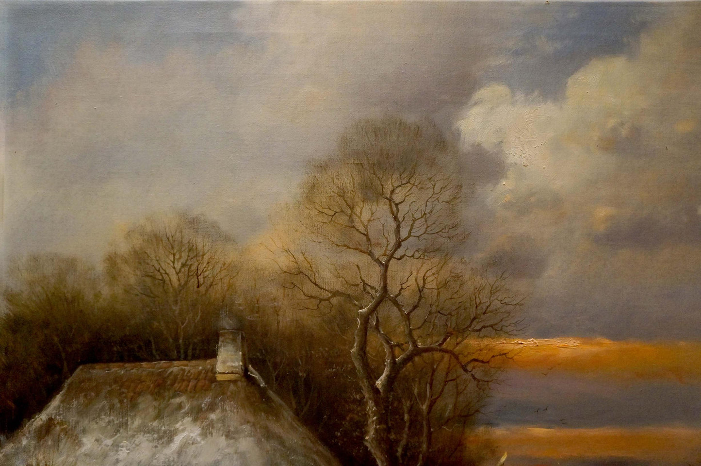 Oil painting Winter sunset landscape European artist