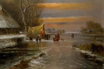 Oil painting Winter sunset landscape European artist