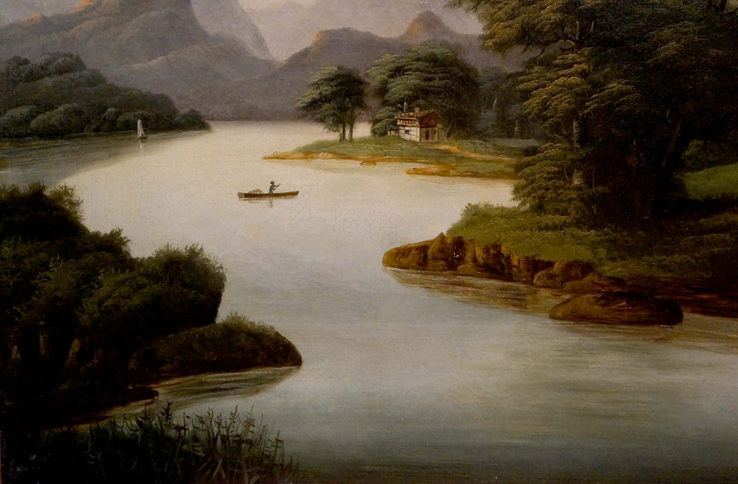 Oil painting River leading to the mountains European artist