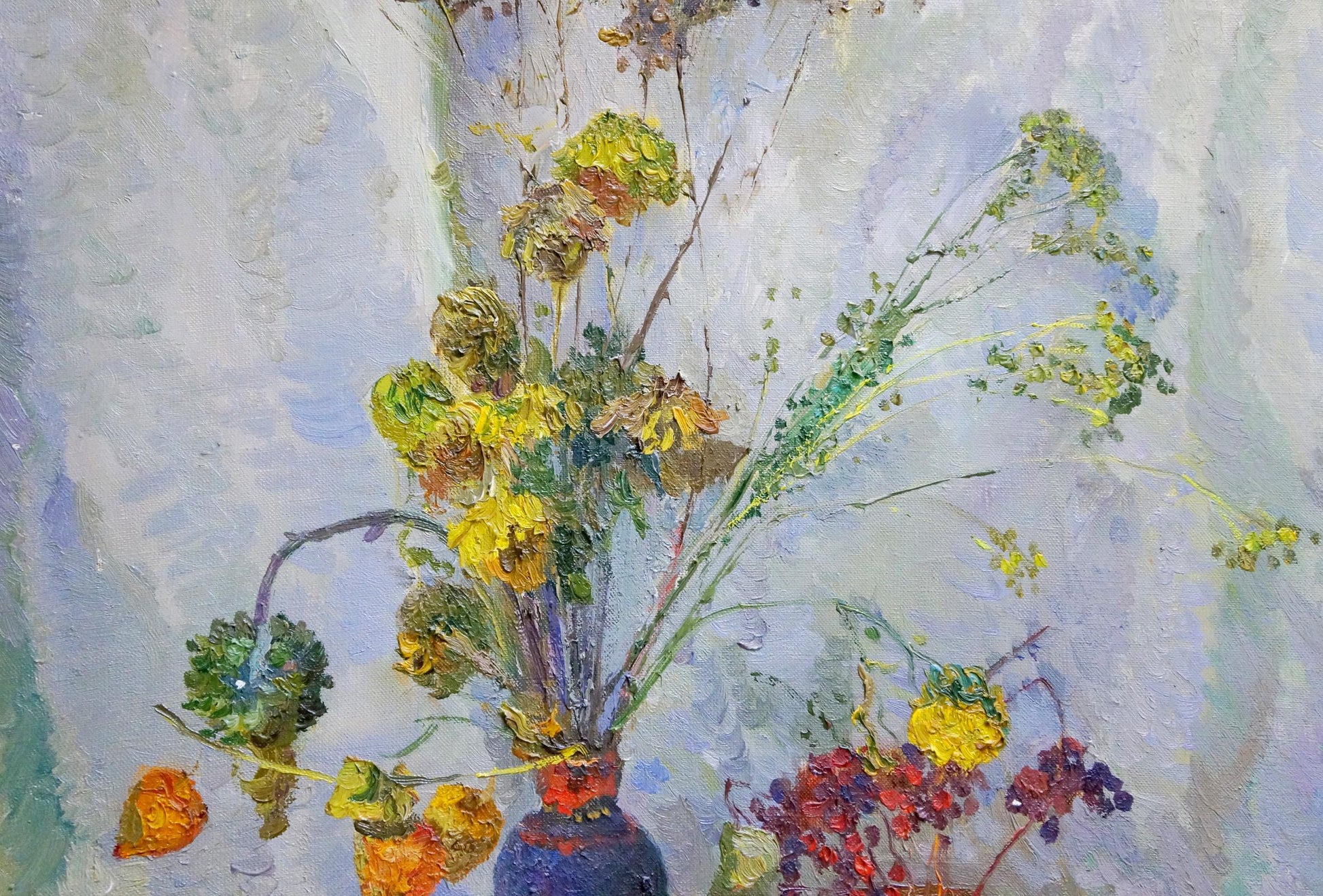 In oil, Alexander Fedorovich Mynka illustrates withered flowers