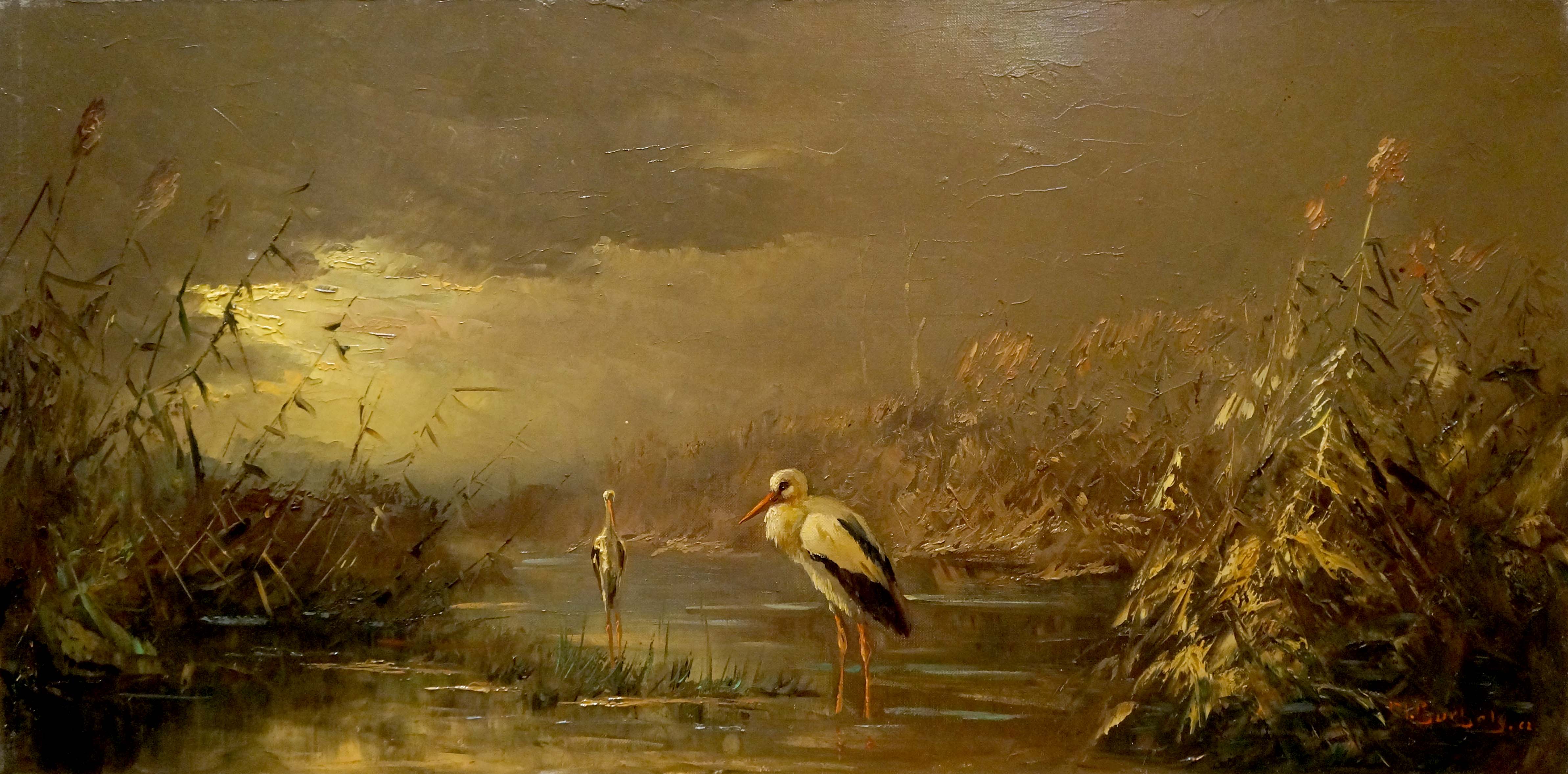 Oil painting Herons on the shore