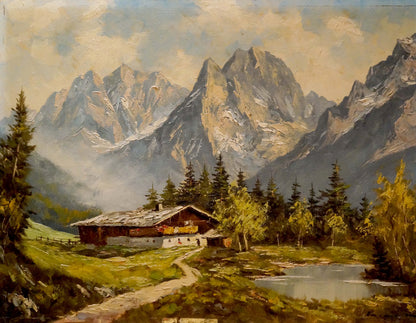 Oil painting Landscape with a mountain house Millt