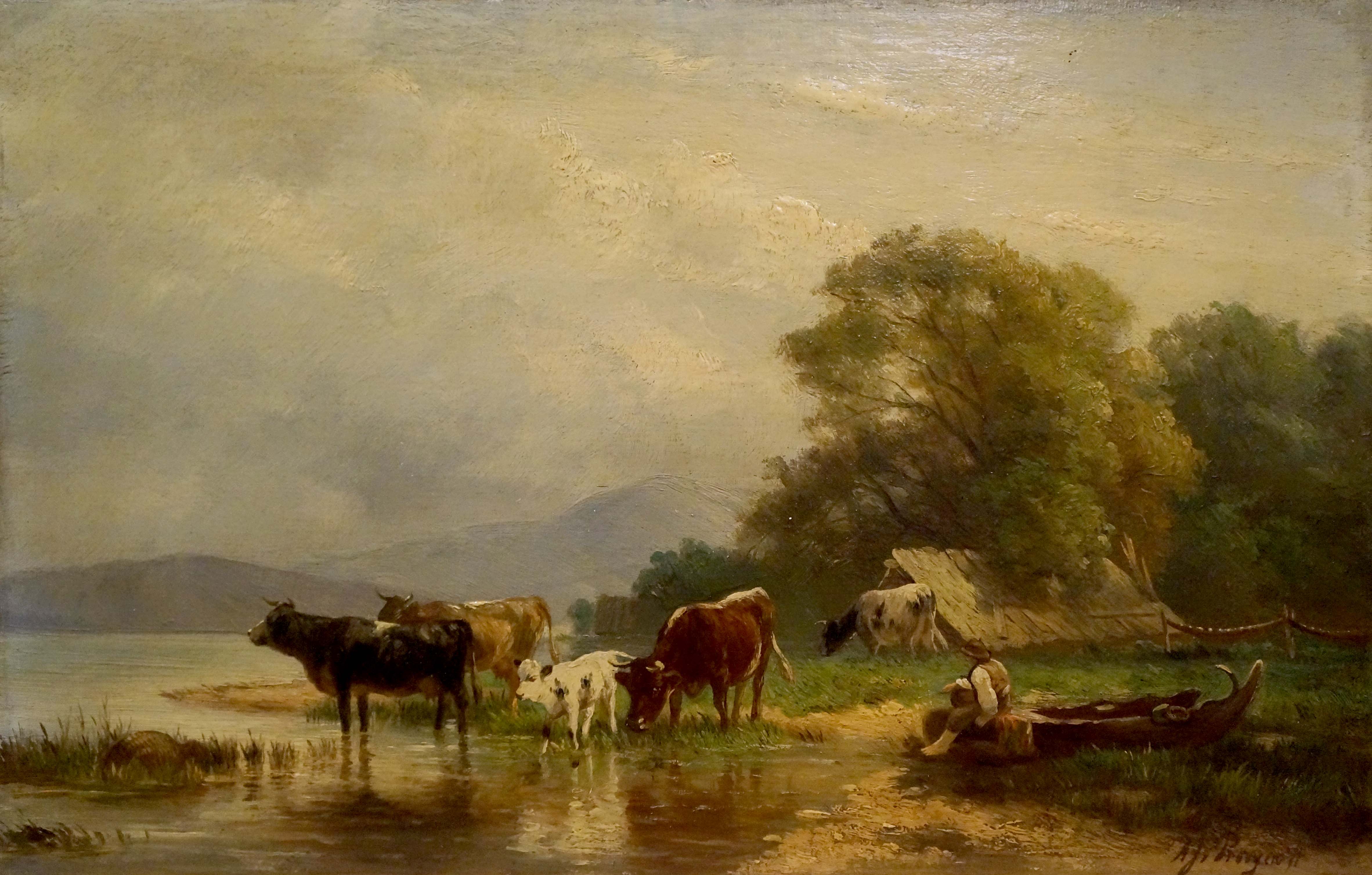 Oil painting Cows in a pasture by the river Unknown artist