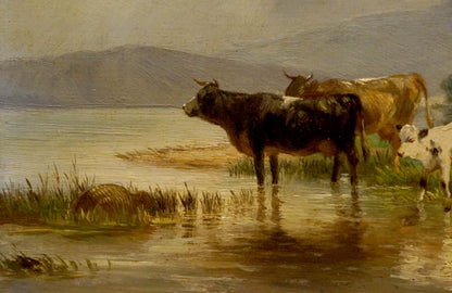Oil painting Cows in a pasture by the river Unknown artist