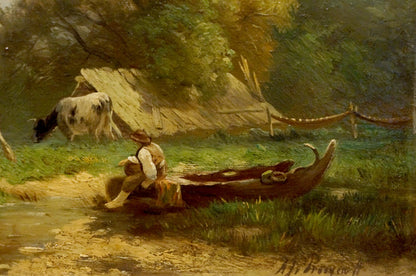 Oil painting Cows by the river