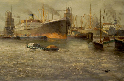 Oil painting Landscape with ships