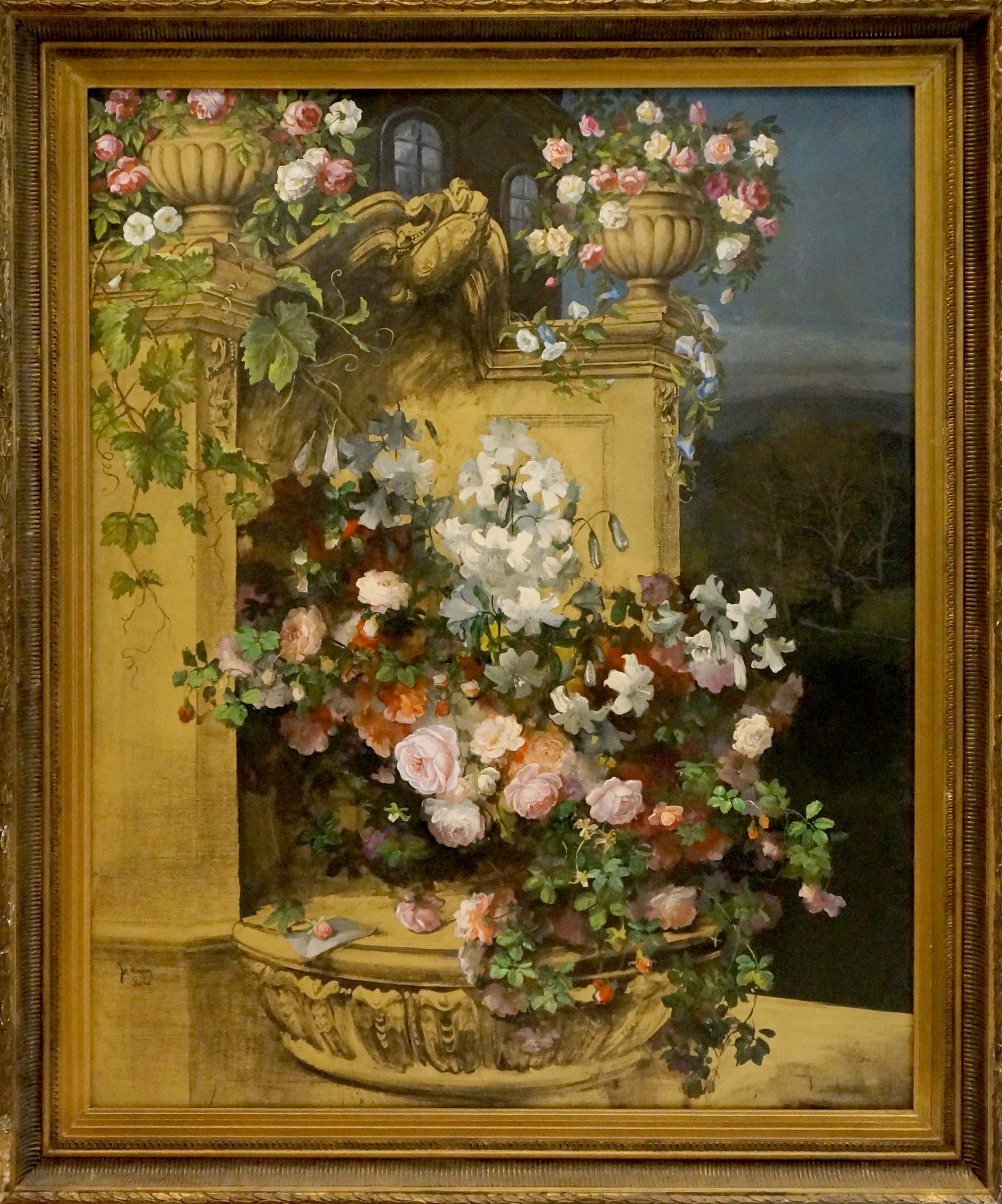 Oil painting Flowers on the balcony