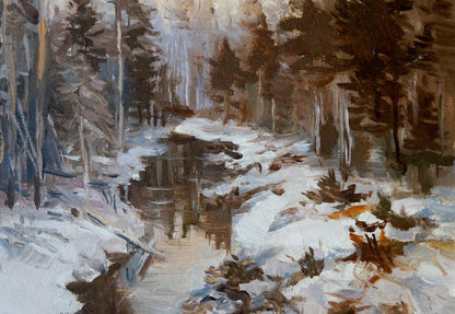 Oil painting Winter stream in the forest Unknown artist