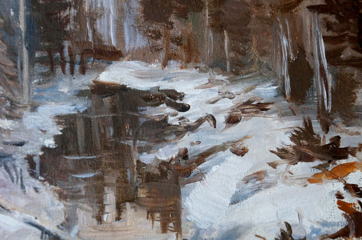 Oil painting Winter stream in the forest Unknown artist