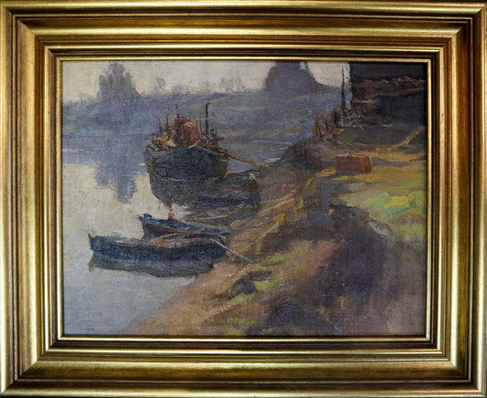 Oil painting Moored boats Romadin N. M.