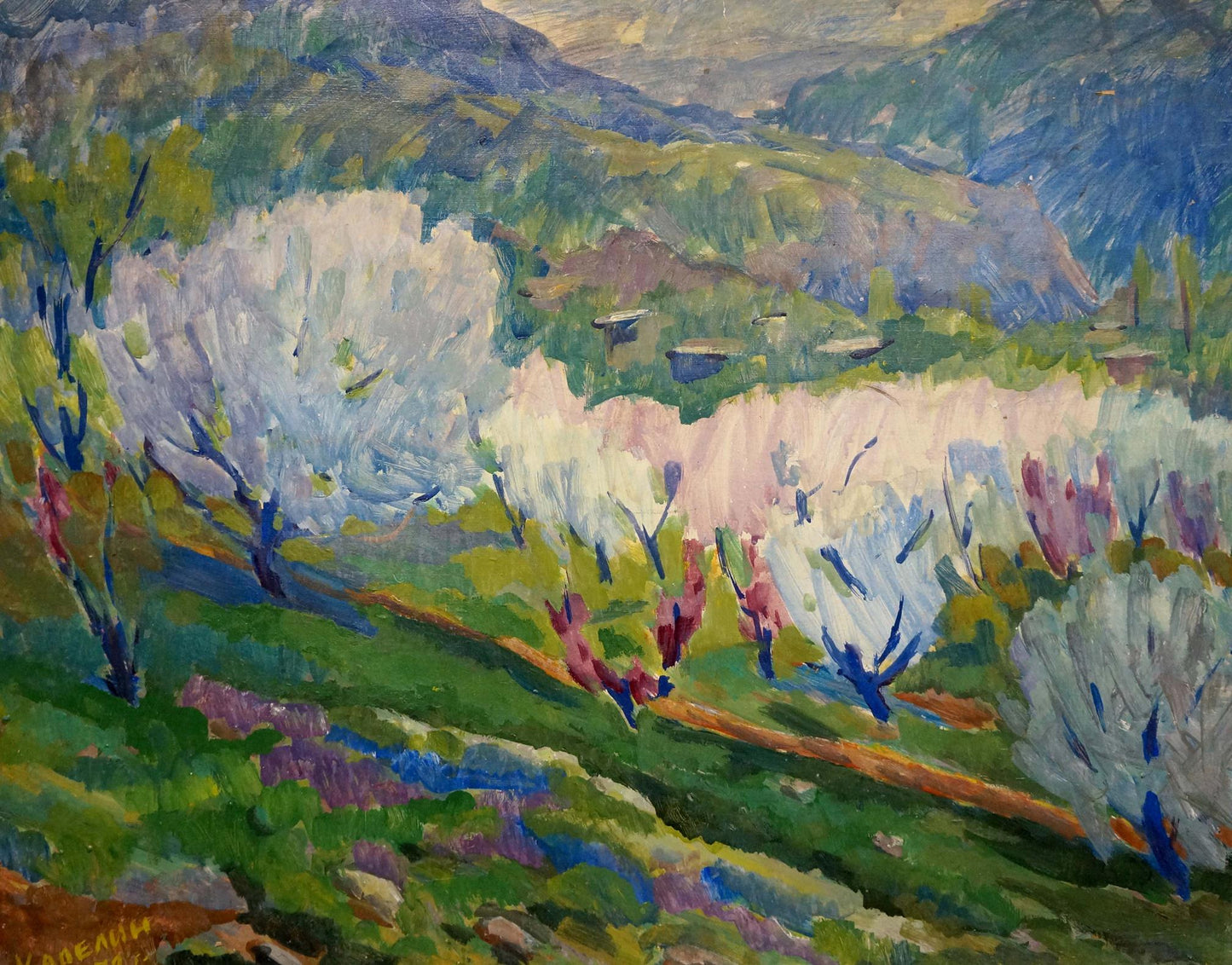 Tempera painting The trees are blooming Karelin Vyacheslav