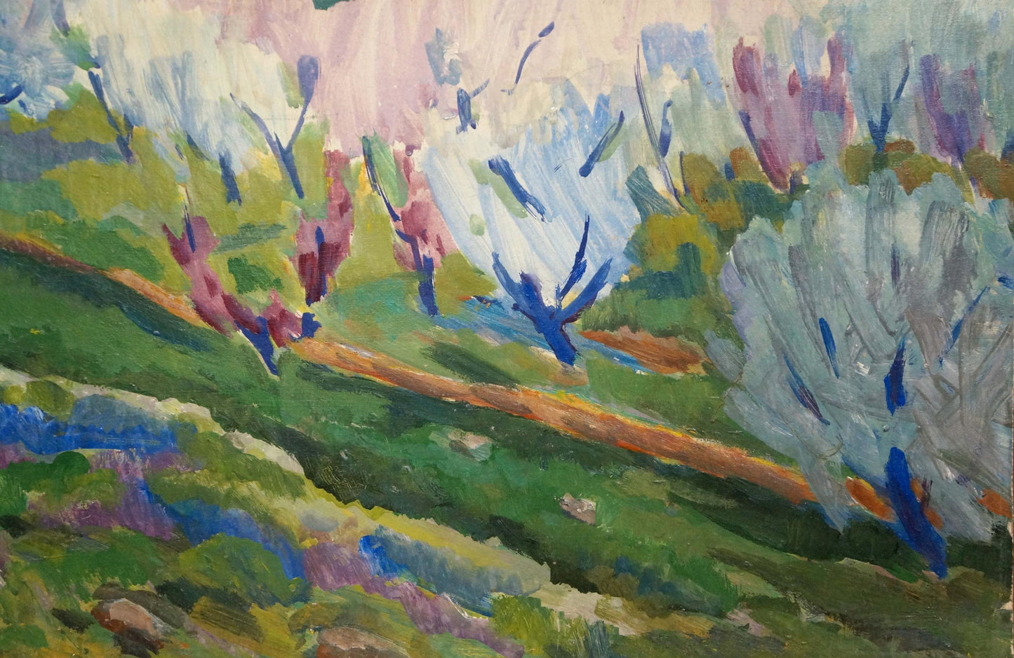 Tempera painting The trees are blooming Karelin Vyacheslav