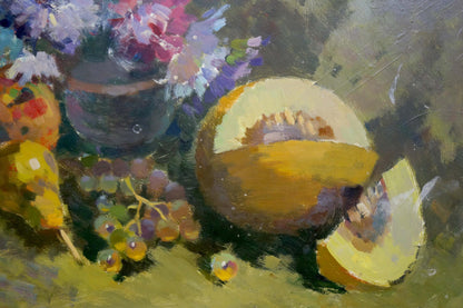 Oil painting Still life with melon and pears Unknown artist