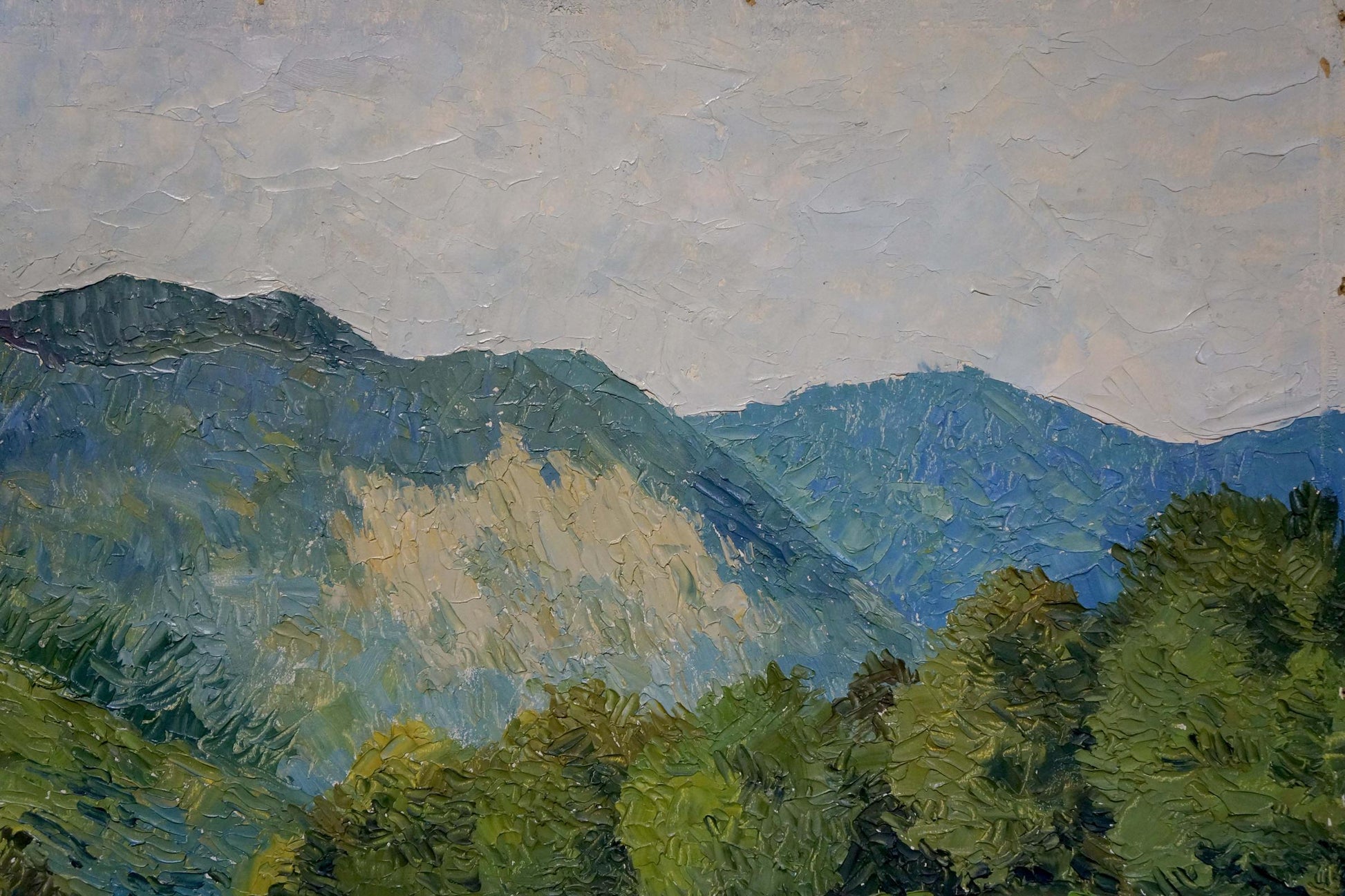 An unidentified artist painted a mountain creek in oil