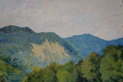 An unidentified artist painted a mountain creek in oil