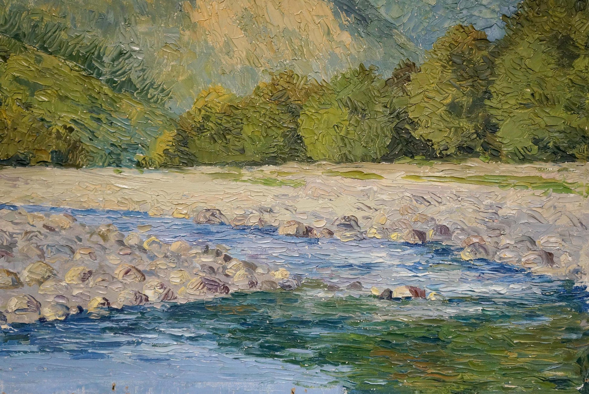 In the oil painting, a mountain creek is depicted by an anonymous artist