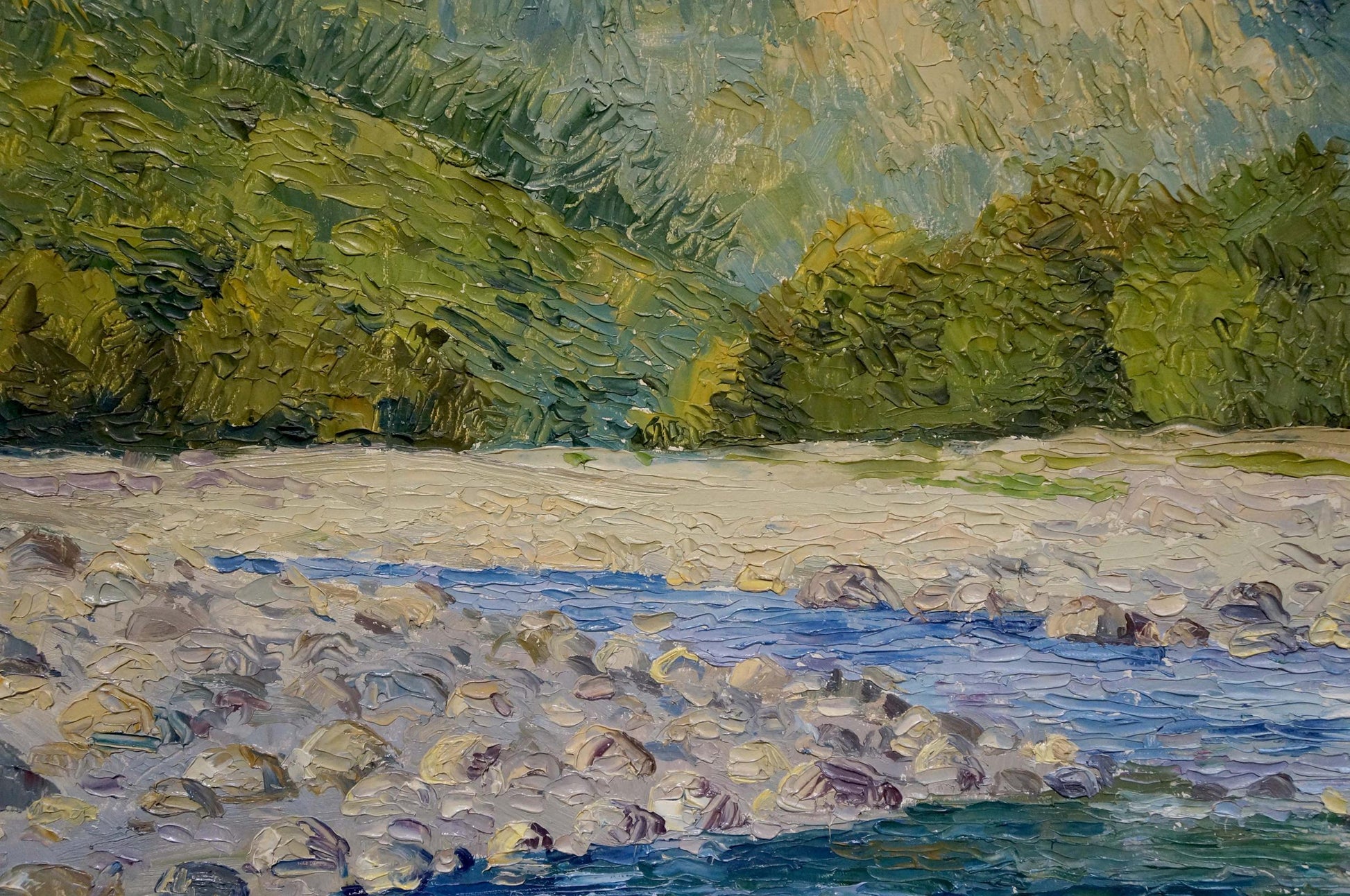 The oil painting portrays a scenic mountain creek, artist unknown