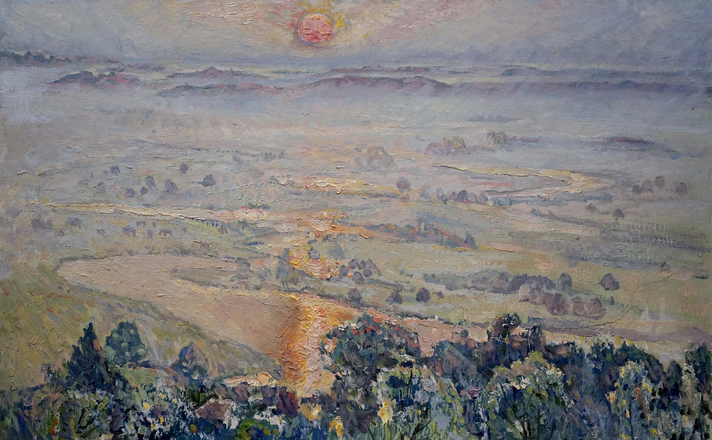 Oil painting Landscape with sunset on a field Unknown artist