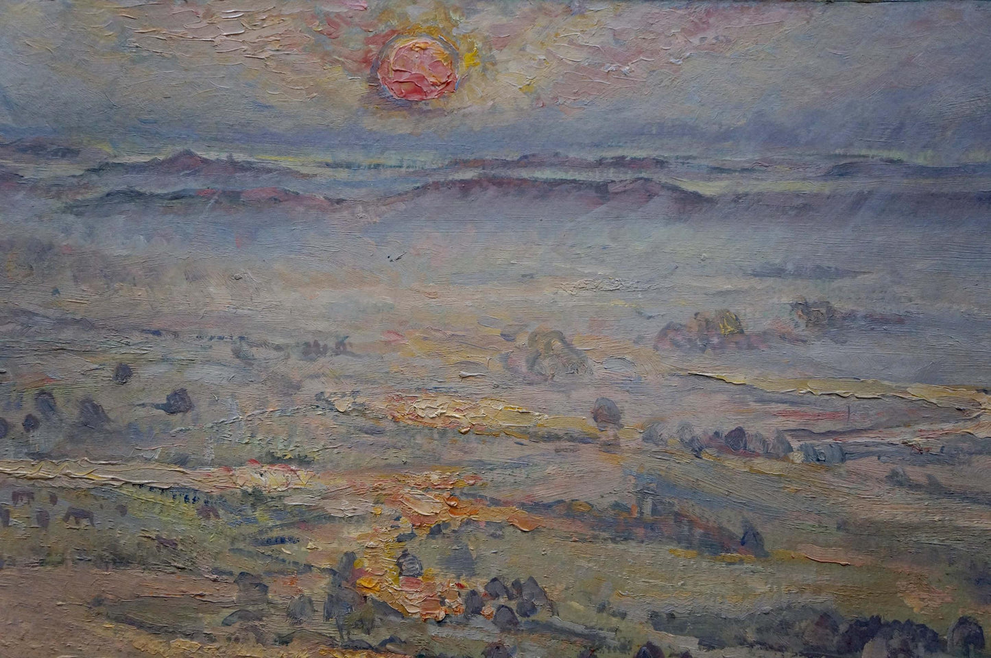 Oil painting Landscape with sunset on a field Unknown artist