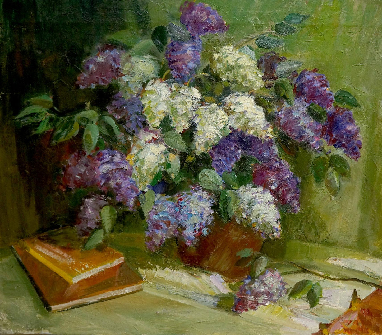 Oil painting Still life with lilacs and notebooks Unknown artist