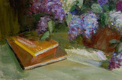 Oil painting Still life with lilacs and notebooks Unknown artist