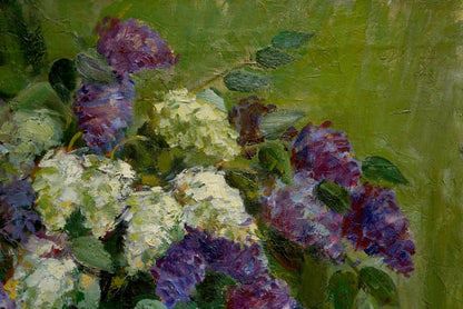 Oil painting Still life with lilacs and notebooks Unknown artist