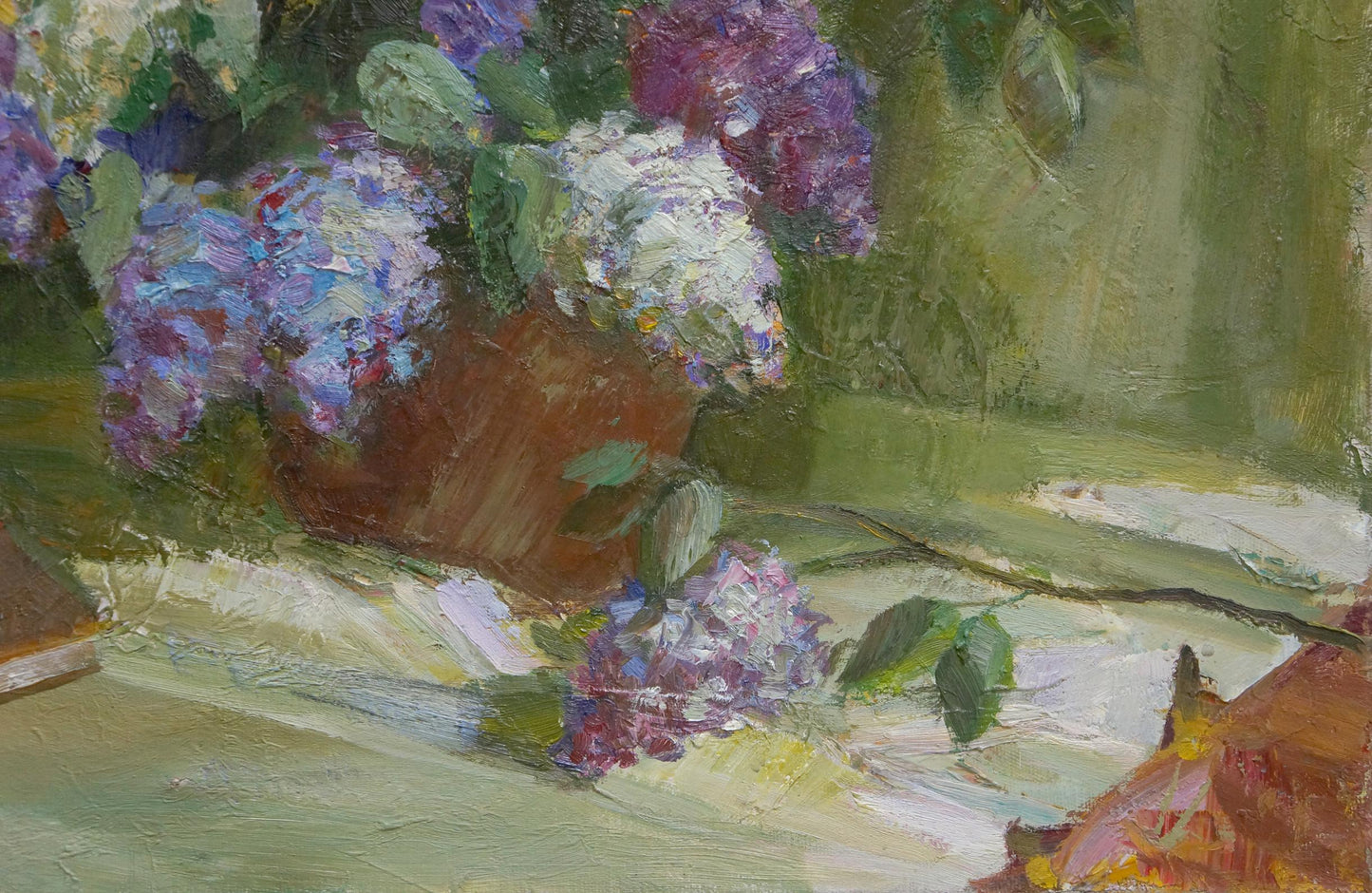 Oil painting Still life with lilacs and notebooks Unknown artist