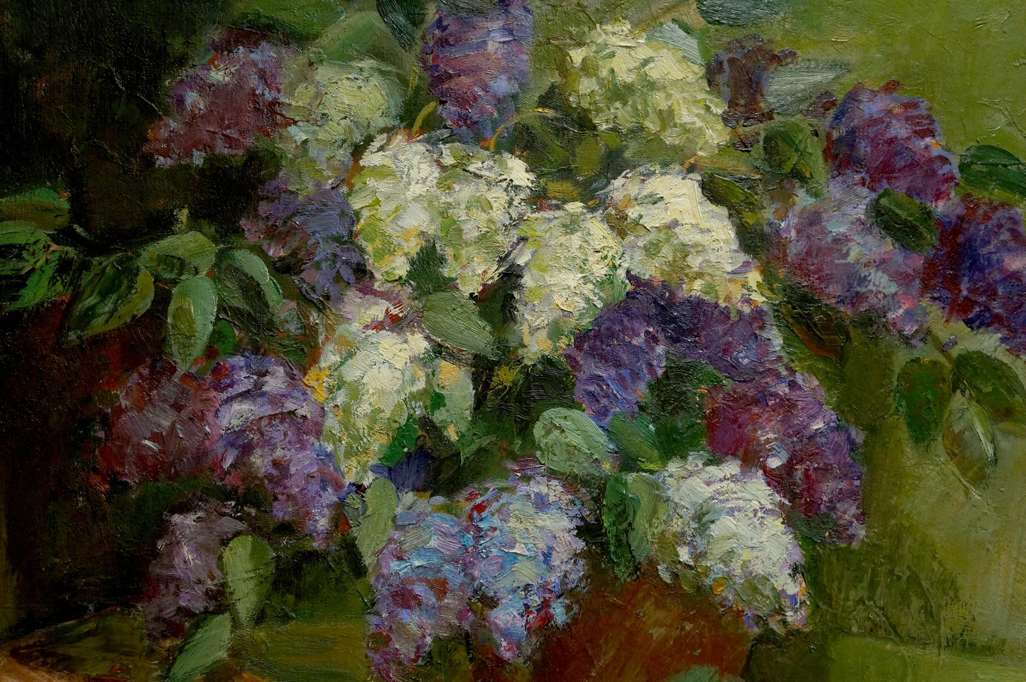 Oil painting Still life with lilacs and notebooks Unknown artist