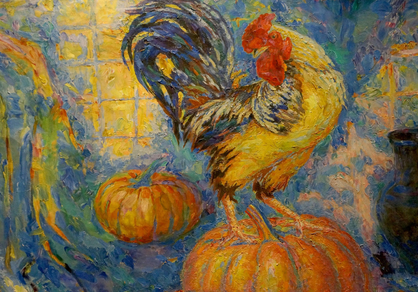 Vibrant Harvest: Odarka Anatoliivna Tytarenko's Oil Painting of Rooster on Pumpkin