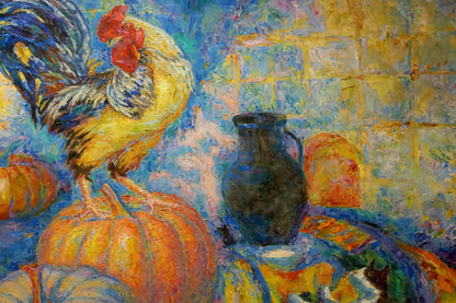 Autumn's Emblem: Odarka Anatoliivna Tytarenko's Oil Portrait of Rooster and Pumpkin